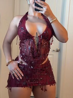 Burgundy Beaded Fringe Halter Mini Set